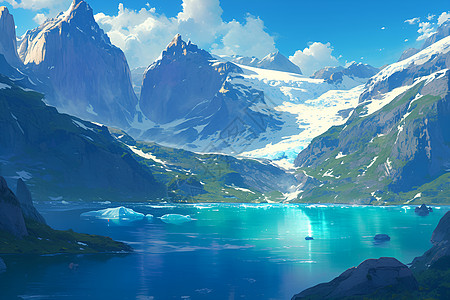 雪峰环抱的湖泊图片