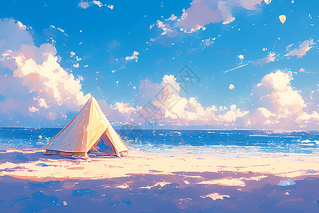 海滩上孤零零地矗立着一个帐篷图片