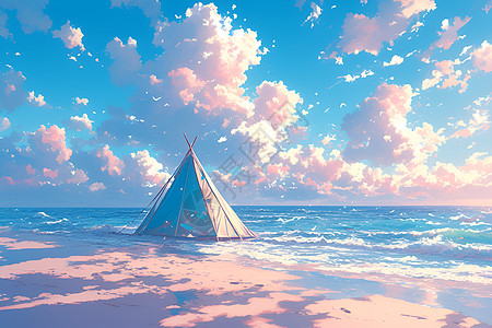 梦幻海滩上矗立着一个帐篷图片