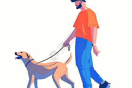 男人遛狗的平面插画图片