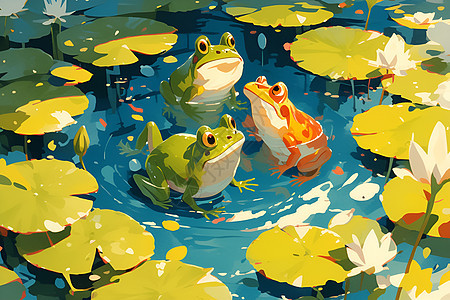 莲叶池塘中的三只青蛙背景图片