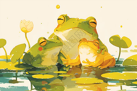 水中的三只青蛙在睡莲叶上图片