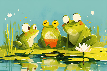 月夜池塘上的三只绿蛙图片