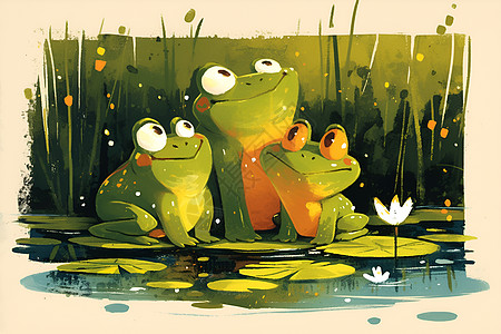 月光下三只绿色的青蛙图片