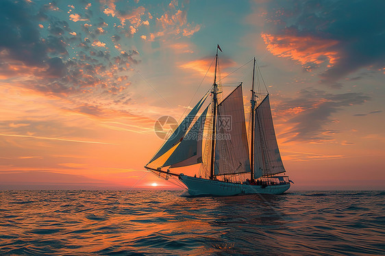 夕阳下的船只图片