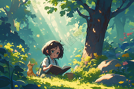 森林中的少女阅读书本图片