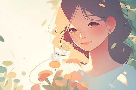 花卉背景中的女孩图片