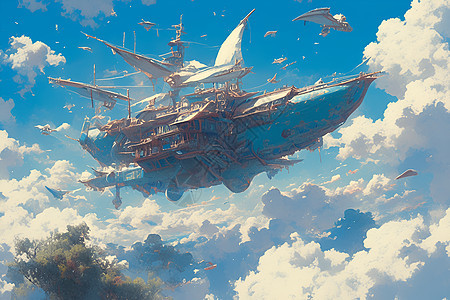 云海中悬浮的飞船图片