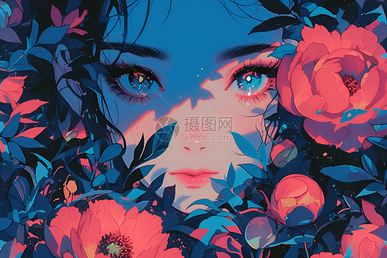 花海中的蓝眸少女图片