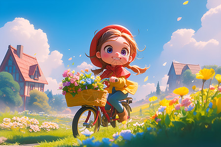 女孩骑着自行车走在草地上图片