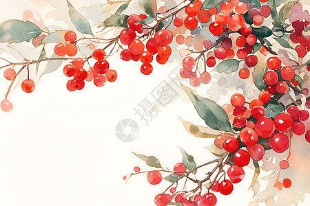 红浆果水彩画图片