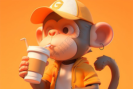 戴着棒球帽的猴子手持奶茶图片