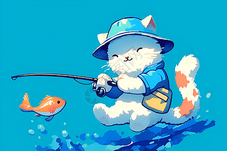 猫咪在海边钓鱼图片