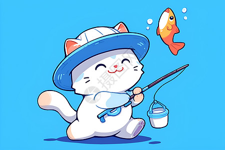 猫咪钓鱼的插画图片