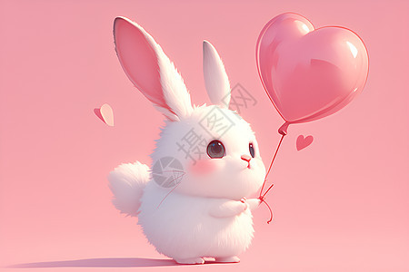 白兔拿着粉色心形气球图片