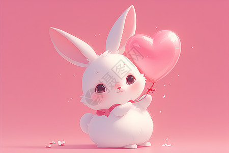 可爱的小兔子握着粉色心形气球图片