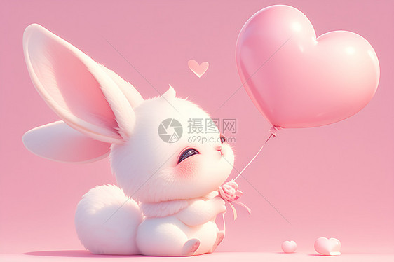 卡通兔子拿着爱心气球图片