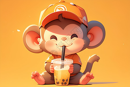 可爱的卡通猴子喝奶茶图片