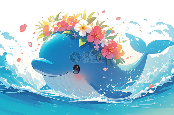 蓝鲸戴花环在海中畅游图片