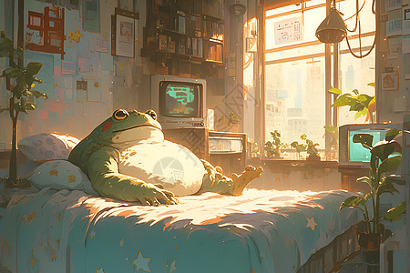 胖胖的青蛙坐在床上图片