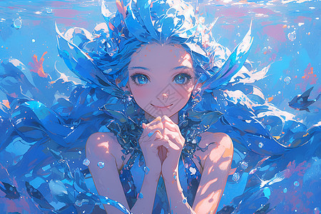 水中的蓝发女孩图片