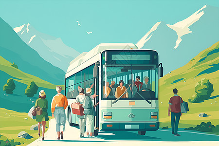 乘客们在登上一辆巴士图片