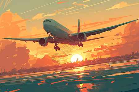 夕阳下起飞的飞机图片