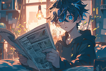 黑发蓝眼男孩看报纸图片