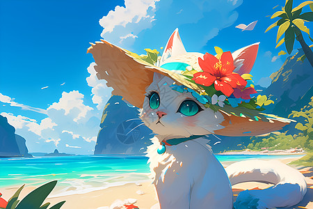 花帽猫咪与海滩图片