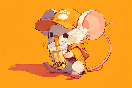 活泼卡通小鼠品尝奶茶味图片
