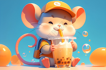 胖胖的卡通小老鼠在享用奶茶图片