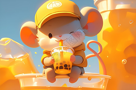 卡通小老鼠在喝着奶茶图片
