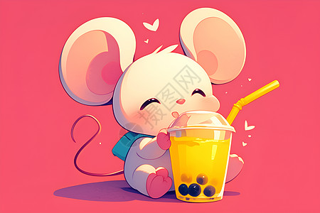 卡通小老鼠品尝奶茶图片