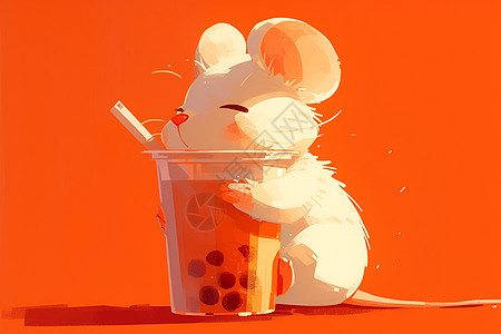 可爱卡通小老鼠喝珍珠奶茶图片