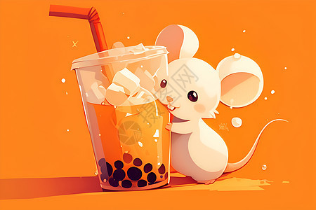 一只可爱的小老鼠喝着珍珠奶茶图片