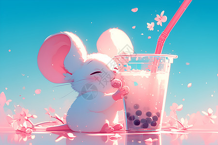 萌萌的小老鼠品尝珍珠奶茶图片