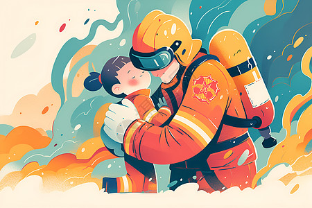 拥抱在一起的女孩和消防员图片