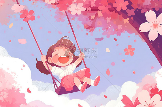 樱花树下荡秋千的小女孩图片