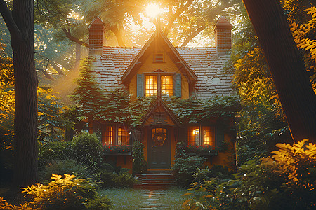 阳光穿过树叶 洒在小屋上图片