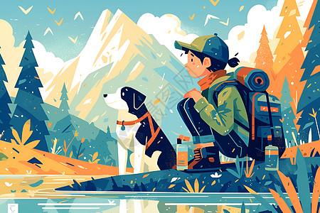 男孩和狗蹲在湖边图片