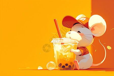 可爱小老鼠喝奶茶图片