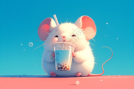 幸福的小老鼠品味奶茶图片