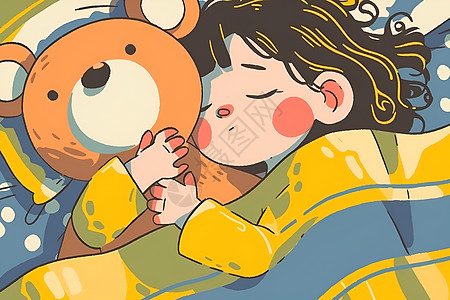 安睡中的女孩与她的泰迪熊图片