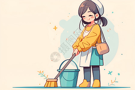 活泼可爱的卡通女孩扫的插画图片