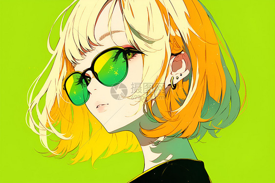 绿色墨镜的少女插画图片
