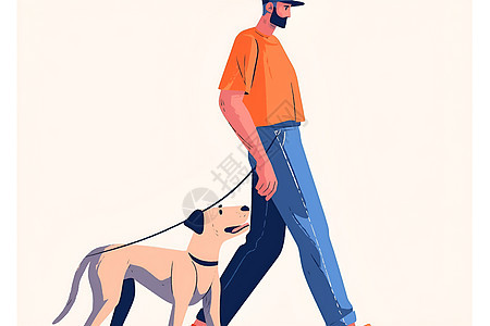 男人牵着狗漫步图片
