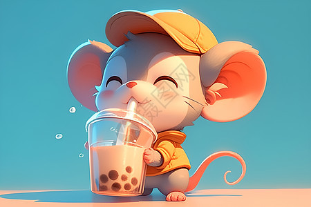 可爱小老鼠喝奶茶图片