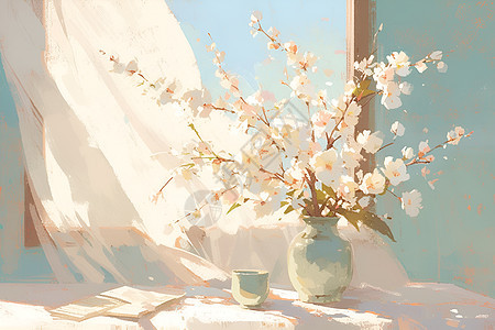 窗台上的白色鲜花盆栽图片