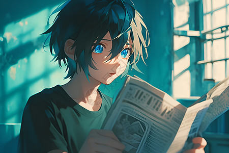 黑发蓝眼的角色阅读一份报纸图片