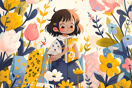 花丛里看书的女孩图片